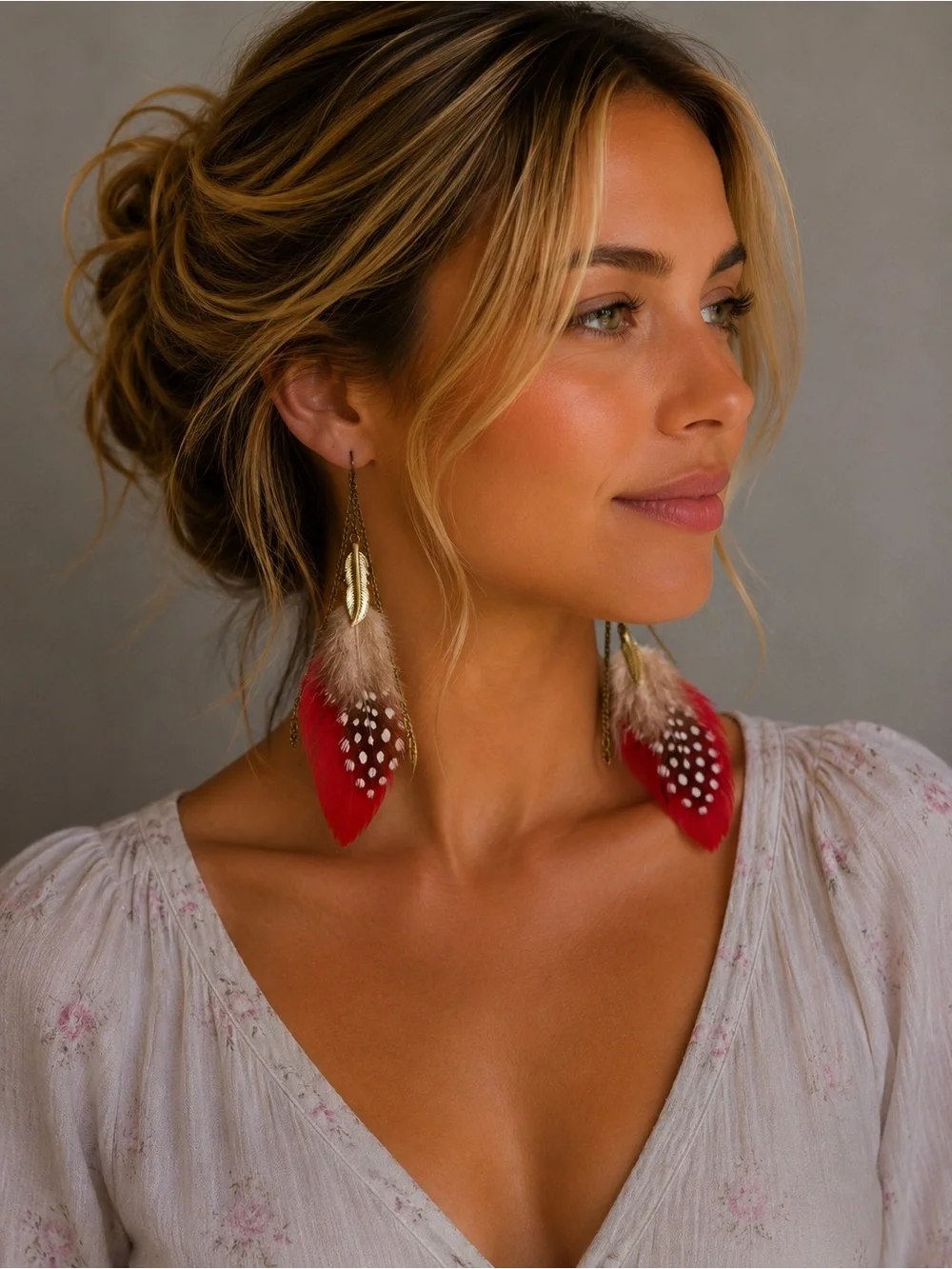 Boho Pink Feather Drop Earrings with Brass Leaf